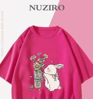 NUZIRO เสื้อยืดแขนสั้นรอบคอหลวมพิมพ์ฝ้ายเกาหลีสำหรับผู้หญิง