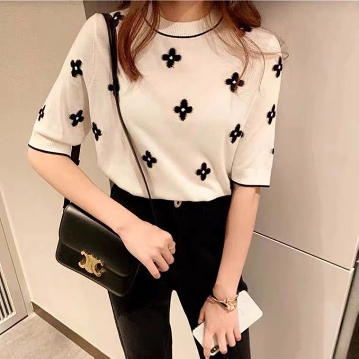 Korea Version Shortsleeve Knitted Top Women Thin Puff Sleeve Knitted ...