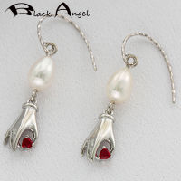 BLACK ANGEL 925 Sterling Silver Drop Earrings for Women Natural Freshwater Pearl Hands Shaped Love Heart Red Zircon Ear Jewelry