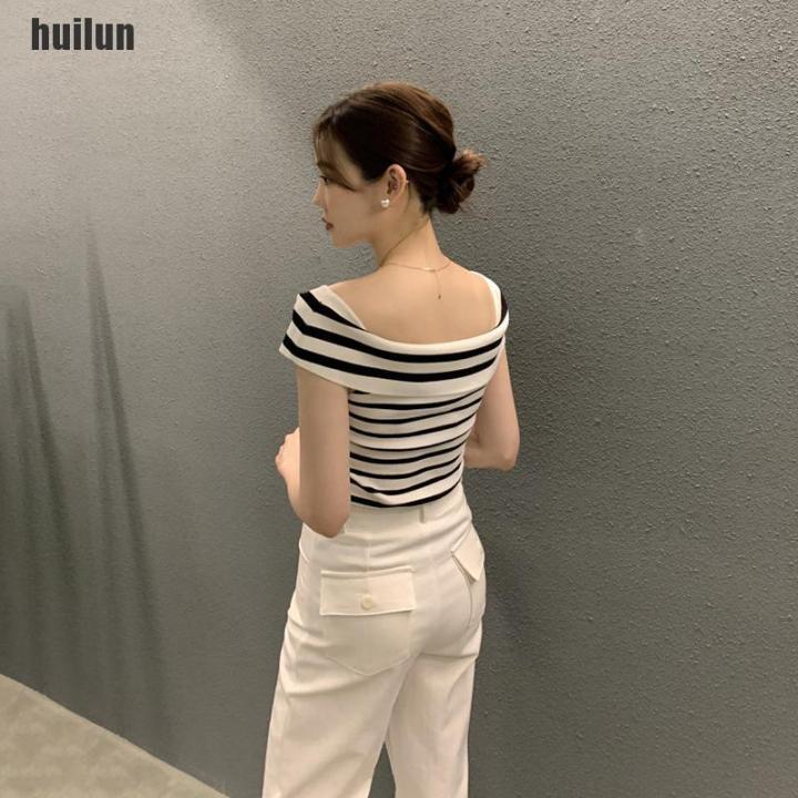 huilun-เสื้อลายทางฤดูร้อนแฟชั่นผู้หญิงเสื้อแขนสั้นรัดรูปเสื้อเปิดไหล่เซ็กซี่เสื้อยืดถัก