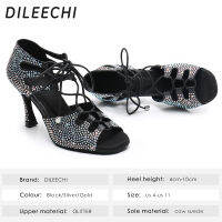 DILEECHI รองเท้าเต้นรำละตินสีดำ Rhinestone Glitter ผู้หญิงห้องบอลรูมเต้นรำรองเท้าปาร์ตี้ Salsa ปรับความกว้างสำหรับเท้าแคบ