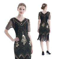 LUQUTCR Vestidos ผู้หญิงวินเทจ1920S แฟลปเปอร์ชุดเดรสร้อยลูกปัด Great Gatsby สั้นที่สวยงามคอวีชุดเดรสปักเลื่อมงานปาร์ตี้หลัง