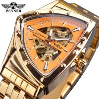 ZZOOI Winner Men Skeleton Automatic Military Watch Luxury Gold Triangle Mechanical Watches Transparent Stainless Steel Band Male Clcok