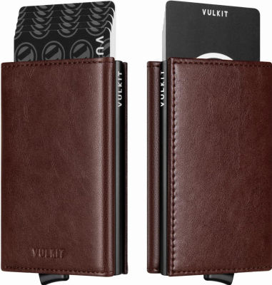 VULKIT Credit Card Holder with Banknote Compartment RFID Blocking Pop up Leather Card Wallet with ID Window for Men or Women(Espresso)
