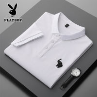 PLAYBOY แฟชั่นช้างเย็บปักถักร้อยตกแต่งเสื้อโปโลคอปกหลวมแขนสั้นเสื้อยืดสำหรับผู้ชาย