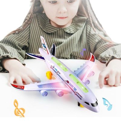 โมเดลแบบทำมือเครื่องบินประกอบของเล่นไฟฟ้าวันเกิดของเด็กผู้ชายเครื่องบินของเล่น Mainan Pesawat Terbang หัดเดินพร้อมไฟกระพริบและเสียง LED