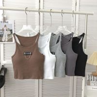 【YF】 Chain Letter Printing Sleeveless Tube Top Vest Womens Summer Korean Retro Joker Gray Sling with Chest Pad Crop Women