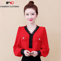 FC New womens low-neck lace bottoming shirt, red small shirt, autumn clothes, western style, natal year bottoming shirt