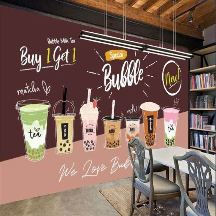 Modern hand painted milk tea shop industrial decor custom wall paper
