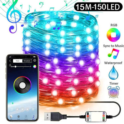 USB LED String Light Bluetooth App Control Copper Wire String Lamp Waterproof Outdoor Fairy Lights for Christmas Tree Decoration