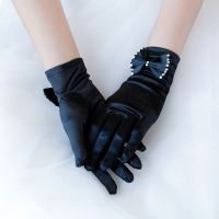 ▩✻ Women Girls Short Satin Black Gloves Elegant for rhinestone Bowknot Solid Color Full Finger Mittens for Wedding Party