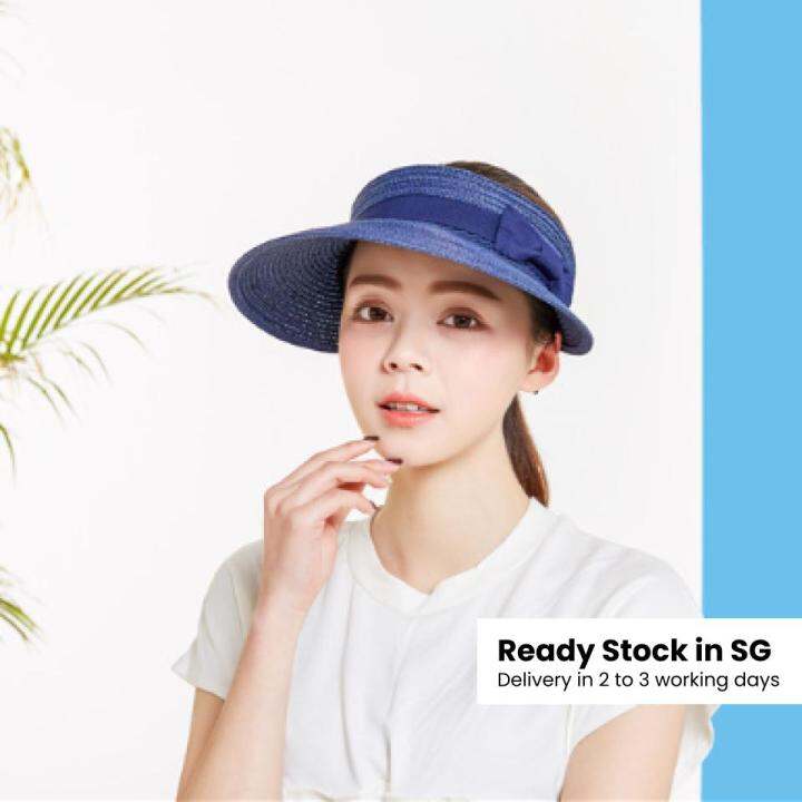 SG Ready Stock Roll Up Sun Visors Ponytail Straw Hat Wide Brim UPF 50