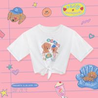 DADDY | Pancake Club Crop Top เสื้อครอป ผูกเอว สกรีนลายน้องหมา สุดน่ารัก สีขาว