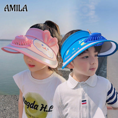 AMILA หมวกบังแดดปีกกว้างแบบชาร์จหมวกบังแดดได้สำหรับเด็กพร้อมพัดลมรูปการ์ตูนน่ารักหมวกไหมพรมถัก