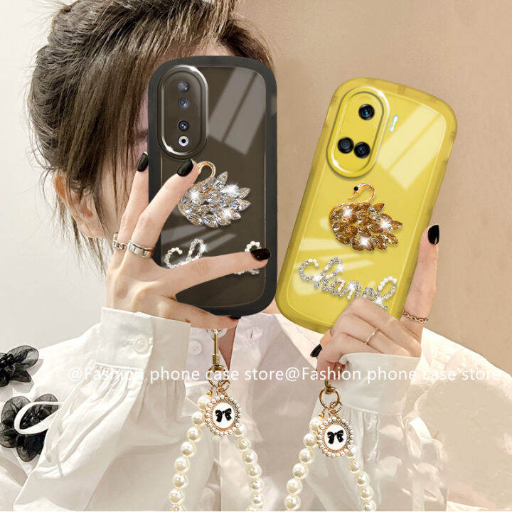 phone-case-เคส-honor90-honor-90-lite-5g-หรูหราหรูหราพลอยเทียมหงส์สายคล้องไข่มุกปกป้องเลนส์2023สีทึบซองนุ่มใส