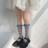 【LZ】❈  Sheer Lolita Mesh Bowknot meias para mulheres joelho fino laço alto JK Hollow Out meia de senhoras Calcetines Frilly Socks coreano bonito