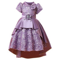 2021 summer girls princess dress pattern tail small dress children bow tie neckline evening dress short-sleeved satin tutu skirt