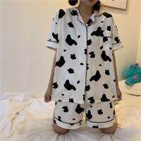 Womens Pajamas Summer Spring Milk Silk Cow Print Lapel Cardigan Short and Long Sleeve Two-Piece Sweet Casual Females Homewear