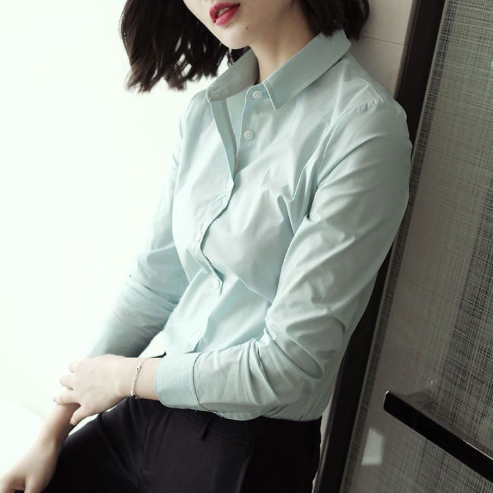 new-womens-long-sleeved-shirt-solid-color-cotton-professional-tallow-green-slim-fit-commuter-shirt-spring-and-autumn-womens-fashion