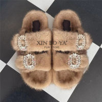 New Arrival Womens Sandals Furry Slides 100 Luxury Mink Slippers Flat Heel European Station Winter Slippers Free Shipping