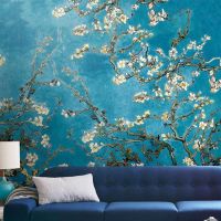 Custom Size European Van Gogh Oil Painting Mural Living Room Bedroom Background Flower Wallpaper Almond Blossom Full Branch PVC