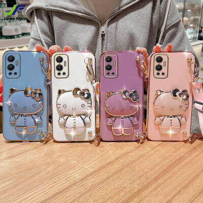 JieFie เคสโทรศัพท์เฮลโลคิตตี้น่ารักสำหรับ Infinix 30/30i ร้อน/ร้อน30 Play/ร้อน12/ร้อน12i ร้อน/ร้อน12 Play แต่งหน้าชุบโครเมียมเคสกระจกหรูหราเคสโทรศัพท์โทรศัพท์ TPU แบบน่มสี่เหลี่ยม + ขาตั้ง