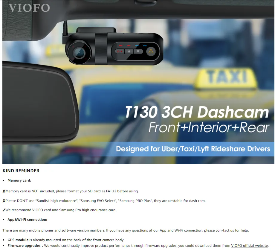 T130 3CH 3 CHANNEL DASH CAM FRONT 1440P + INTERIOR 1080P + REAR 1080P FOR  UBER LYFT TAXI RIDESHARING DRIVERS