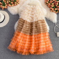 High Quality Cascading Ruffles Tulle Tiered Puffy Long Skirts Women Hit Color Elastic Waist Mesh Fold Pleated Tutu Sweet Skirt