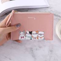 【 Cw】short Women S Wallet Ultra Thin Leather Purse Bank Card Holder Bag Cute Cartoon Cat Zipper Coin Purse Simple Thin Card Holder