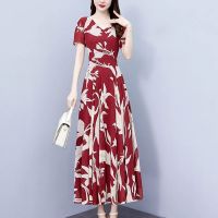 ✐ Mother floral chiffon dress the summer of 2023 new big yards to collect waist cultivate ones morality show thin temperament beautiful