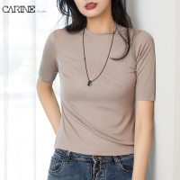 CARINE เสื้อยืดแขนสั้นสำหรับผู้หญิงเสื้อยืดครึ่งคอเต่าลำลองแขนสั้นขนาดพิเศษสีทึบครึ่งตัว