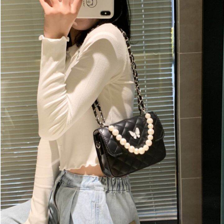lilos-bags-กระเป๋าสะพายไหล่-หนังพรีเมี่ยม-กระเป๋าผู้หญิง-กระเป๋าแฟชั่น-กระเป๋ามุก-รูปแบบเพชร-กระเป๋าสะพายผีเสื้อ