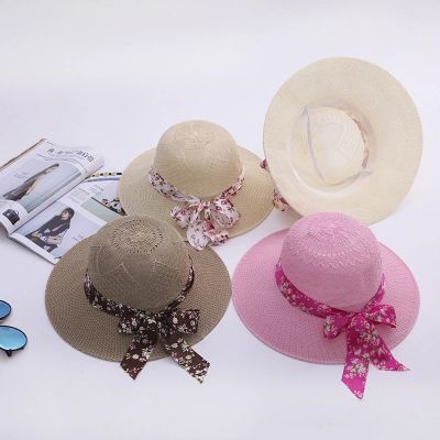 Summer Girls Sun Hats Wide Brim Bowknot Straw Hat with Ribbon Outdoor Sun Protection Women Hats Soild Color Ladies Panama Caps