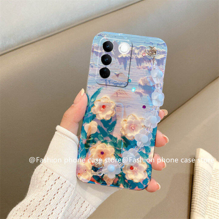 phone-case-เคส-vivo-v27e-v27-pro-5g-y02a-วินเทจพรีเมี่ยมบลูเรย์เคสโทรศัพท์ภาพดอกไม้ภาพสีน้ำมันปกนุ่มพร้อมสร้อยข้อมือ2023