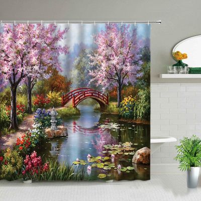 Oil Painting Scenery Shower Curtains Flowers Plant Swan Spring Landscape Bath Curtain Waterproof Bathroom Decor Polyester Cloth
