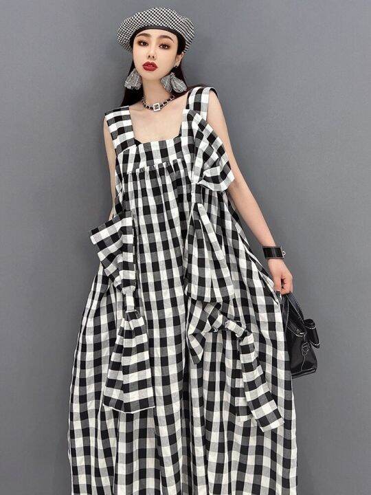 xitao-plaid-dress-casual-sleeveless-bow-tie-dress