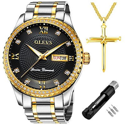 OLEVS Diamond Watches for Men,Business Dress Watch Waterproof Luminous,Male Golden Big Dial Luxury Casual Quartz Analog Watches with Day Date Calendar and Stainless Steel Band Silver White Band Black face