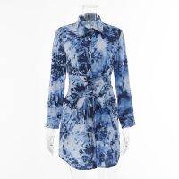 hirigin Tie Dye Print Mini Shirtdress Women Summer Blue Vestidos Bandage Tunic Prom Short Bodycon Shirt Dresses Female 2021