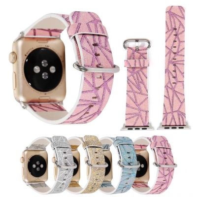 ❉ สายนาฬิกาหนังระยิบระยับสำหรับ Apple Watch Series 5 4 3 2 1 Band Glitter Powder Striped Strap Bracelet for iWatch 38/40mm 42/44mm