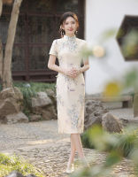 เซ็กซี่ดอกไม้เครนพิมพ์ซาตินแขนสั้น Cheongsam ที่สง่างามย้อนยุคปุ่มที่ทำด้วยมือของผู้หญิง Qipao จีนชุดประจำวัน