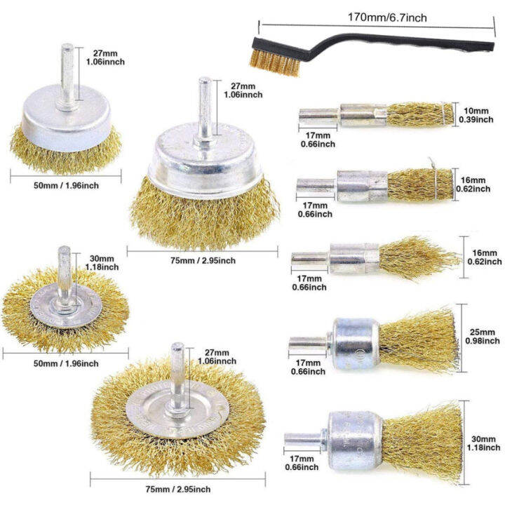 ชุดแปรงทองแดง10ชิ้น-ชุดล้อลวดเหล็กสำหรับกำจัดสนิมล้อลวดเหล็กบดและขัด