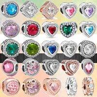 2022 New Round Heart Big Zircon Pave Sparkling Colorful Beads Fit Original Pandora Charm Silver Color Bracelet Women DIY Jewelry