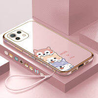 (คลังสินค้าพร้อม) เคสเคสมือถือสำหรับ Xiaomi Mi 11 Lite 4G 5G Ne พร้อมฟรีสายคล้อง + การ์ตูนสุนัขขอบสี่เหลี่ยมชุบเคลือบฝาหลังนิ่ม