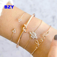 Bzy 4 ชิ้น/เซ็ตที่สวยหรูเรียบง่ายทองเปิดสร้อยข้อมือชุดวินเทจใบปมกำไลสร้อยข้อมือผู้หญิงอุปกรณ์เครื่องประดับของขวัญ