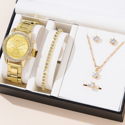นาฬิกาเซ็ต6ชิ้นต่างหูสร้อยคอแหวนหรูหราสำหรับผู้หญิงพลอยเทียม Fashion Jam Tangan นาฬิกาผู้หญิงลำลองสร้อยข้อมือชุดนาฬิกา