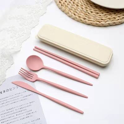 4PCS/Set Cutlery Wheat Straw Spoon Fork Chopsticks with Box Students Tableware Travel Portable Dinnerware Kitchen Accessories Flatware Sets