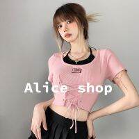 Alice สีชมพูสีดำเสื้อครอป 2023 สายรัดสาวร้อนสลิมสาวฤดูร้อนสองชิ้นปลอมเสื้อคล้องคอผู้หญิง FS707810