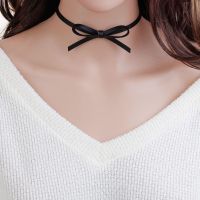 สร้อยคอ Choker แฟชั่น หนัง PU สีดำ ผูกโบว์ รอบคอ ยาว 34.5cm 1 เส้น