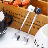 Cartoon Cat Stainless Steel Long Stirring Spoon Fruit Fork Coffee Stainless Steel Spoon with Ceramic Cute Cat Handle Serving Utensils