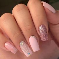 24pcs detachable pink glitter french false nails with glue full cover ballet artificial nails for fall winter press on nails tip fenguhan